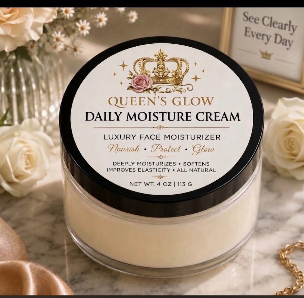 Queen’s Glow Daily Moisture Cream as your AM + PM facial moisturizer.