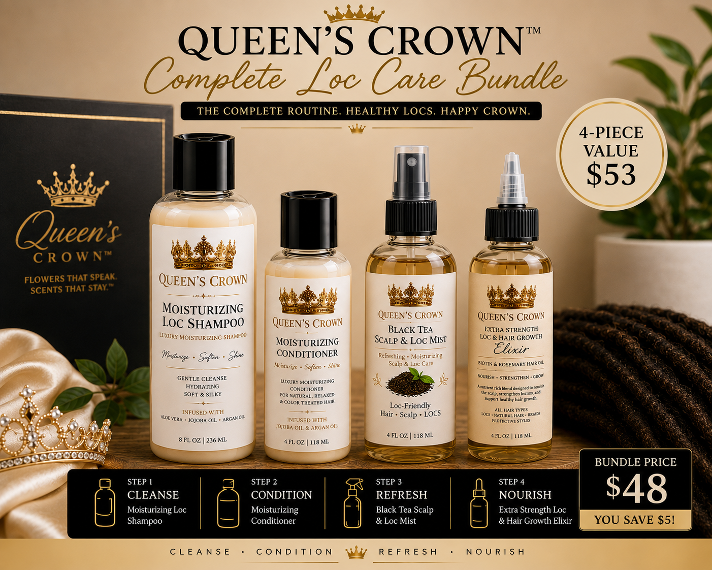 Queen’s Crown Complete Loc Care Bundle
Cleanse • Condition • Refresh • Nourish