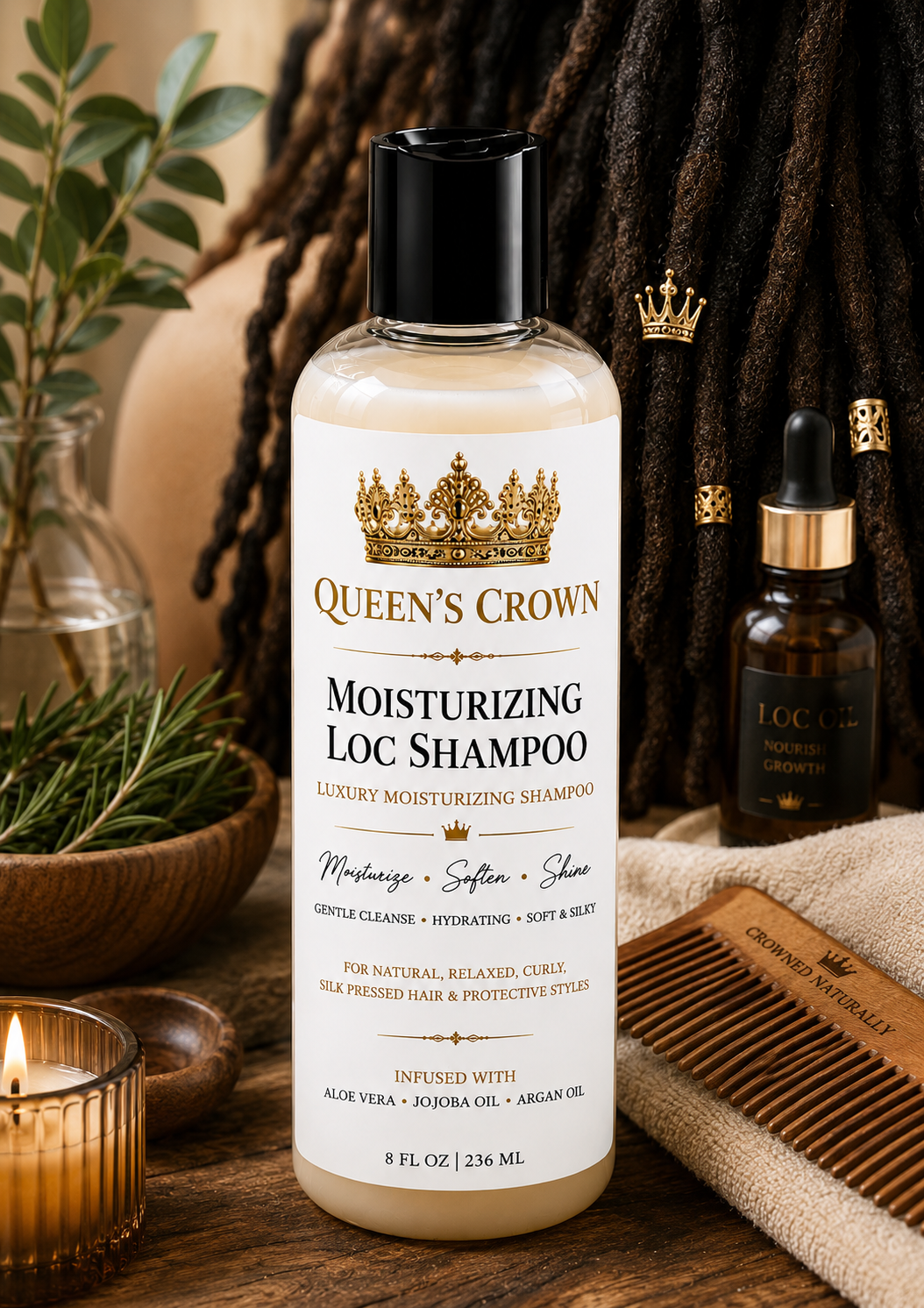 Queen’s Crown Moisturizing Loc Shampoo
Cleanse. Hydrate. Refresh.