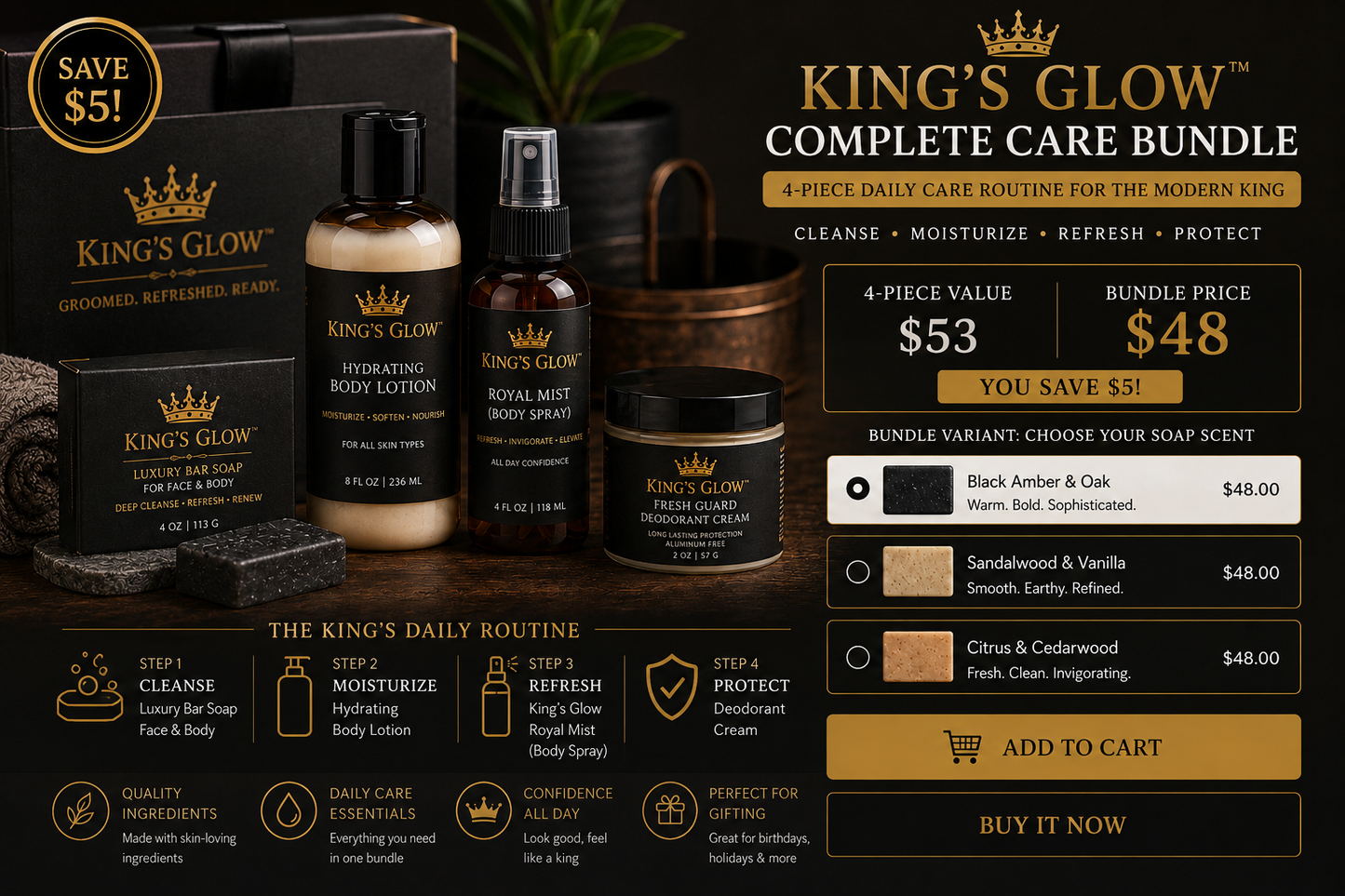 King’s Glow Complete Care Bundle | 4-Piece Men’s Daily Care Set