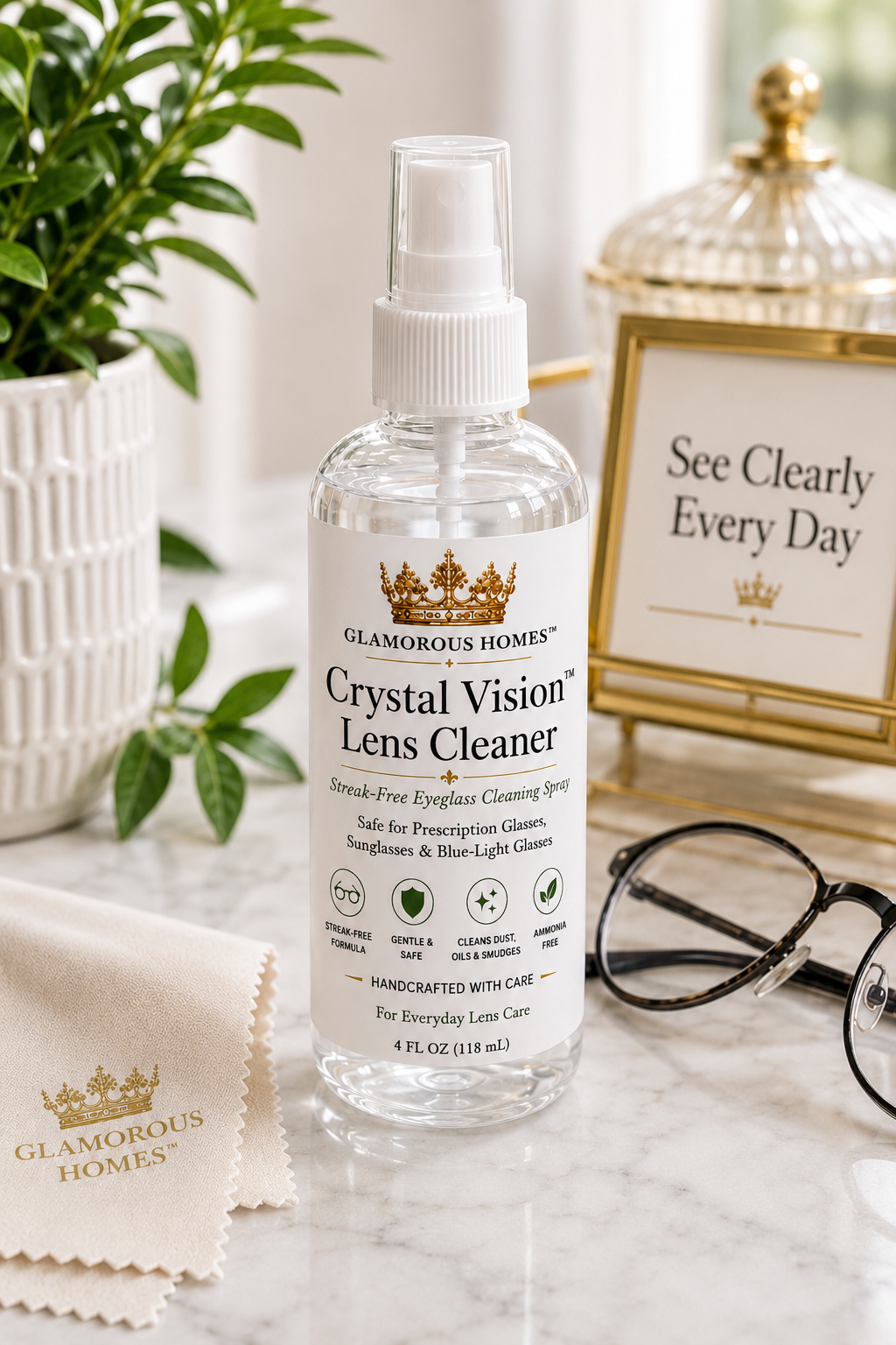 Glamorous Homes Crystal Vision Lens Cleaner | Streak-Free Eyeglass Cleaning Spray