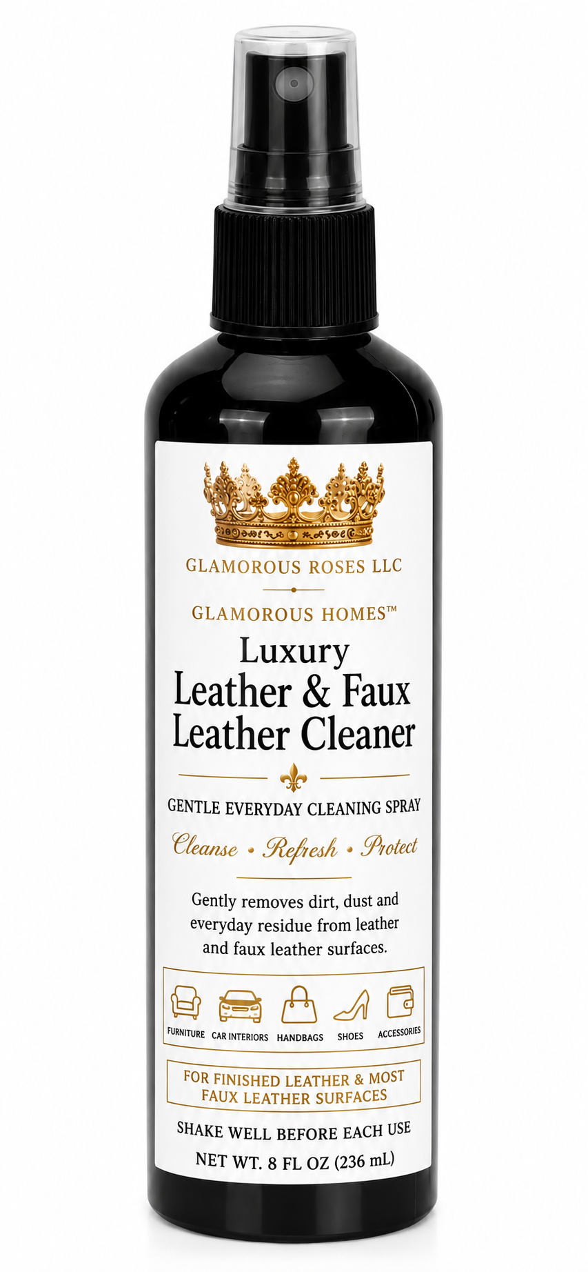 Glamorous Homes Luxury Leather & Faux Leather Cleaner | Gentle Everyday Cleaning Spray